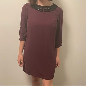 Maroon Peter Pan collar dress with flower accents dark academia